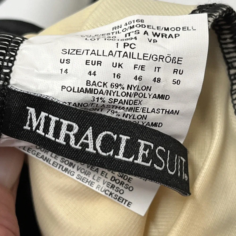 Miraclesuit Swimsuit Black Metallic Striped Crossover Bodice Size 14 Slimming